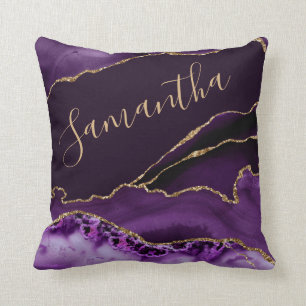 Purple and Faux Gold Glitter Marble Agate Cushion