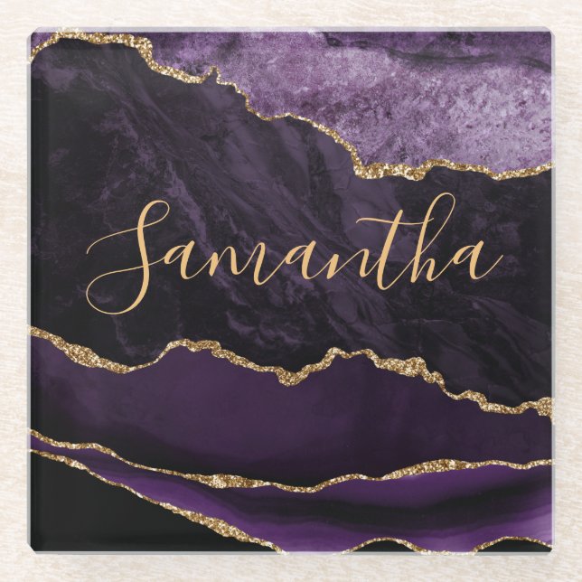 Purple and Faux Gold Glitter Marble Agate Glass Coaster (Front)