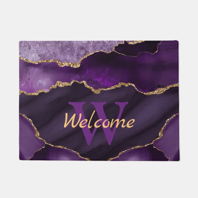 Purple and Faux Gold Glitter Marble Agate Monogram Doormat (Front)