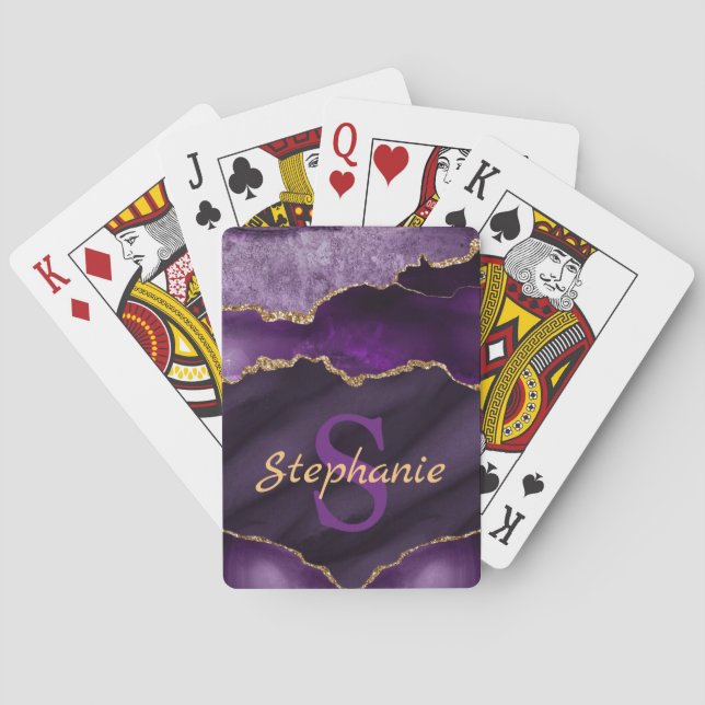 Purple and Faux Gold Glitter Marble Agate Monogram Playing Cards (Back)