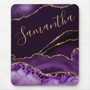 Purple and Faux Gold Glitter Marble Agate Mouse Mat