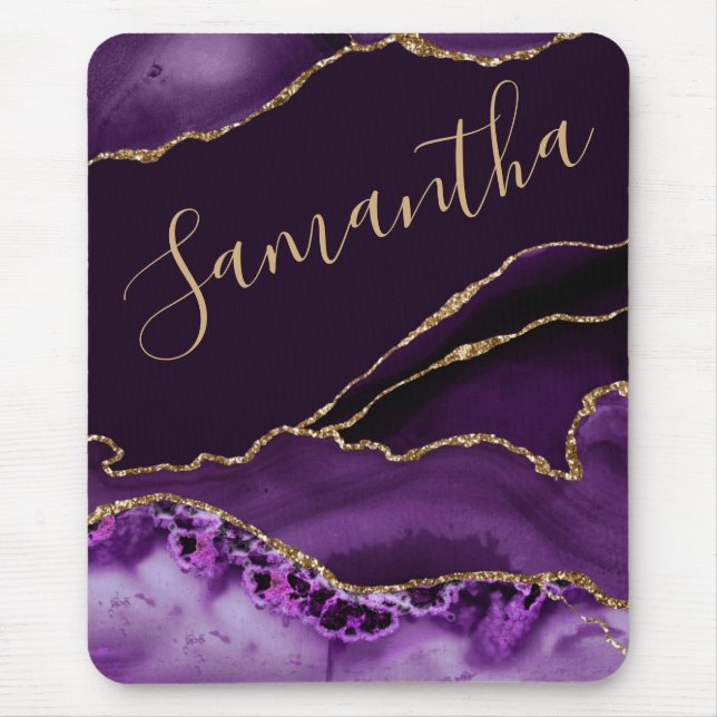 Purple and Faux Gold Glitter Marble Agate Mouse Mat (Front)