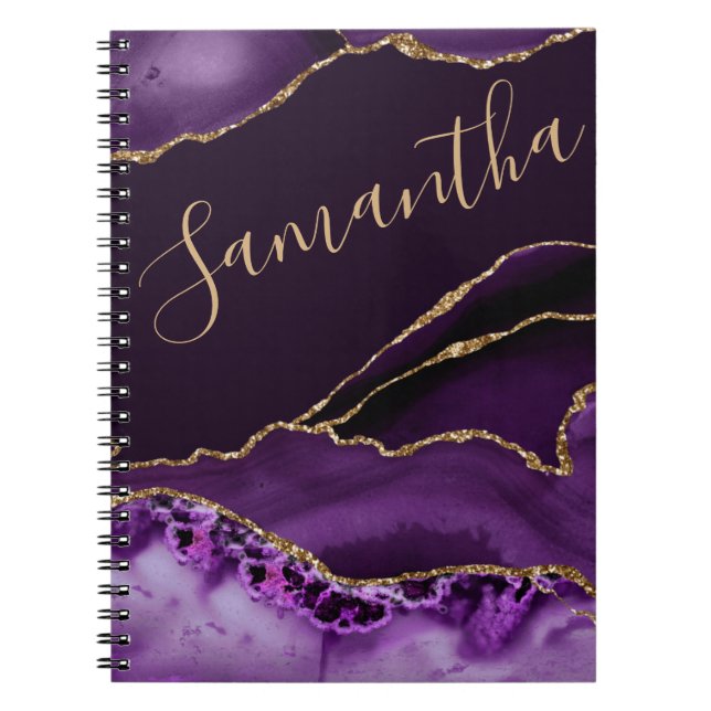 Purple and Faux Gold Glitter Marble Agate Notebook (Front)