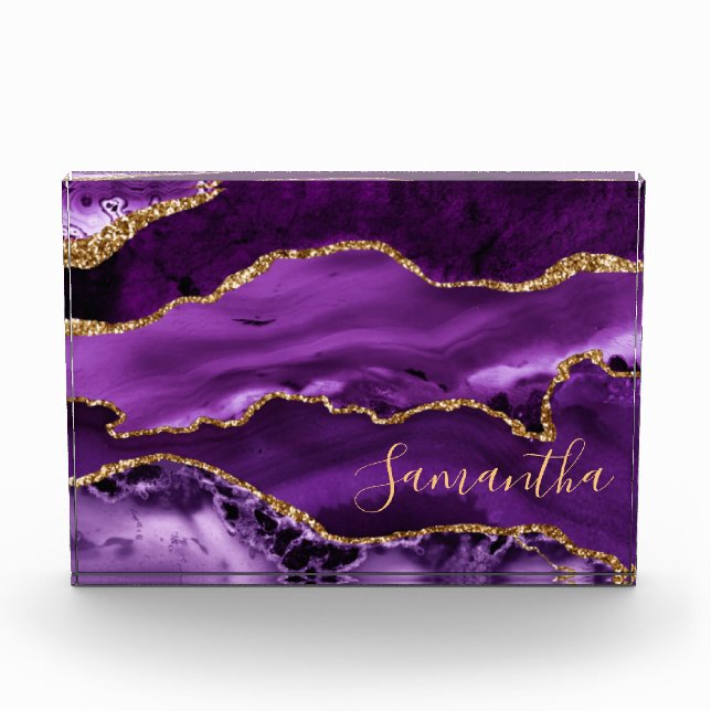 Purple and Faux Gold Glitter Marble Agate Photo Block (Front)