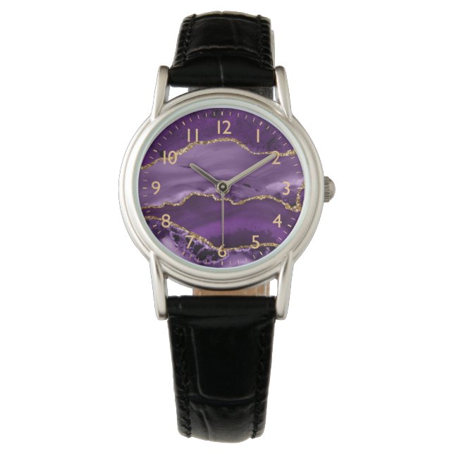 Purple and Faux Gold Glitter Marble Agate Watch (Front)