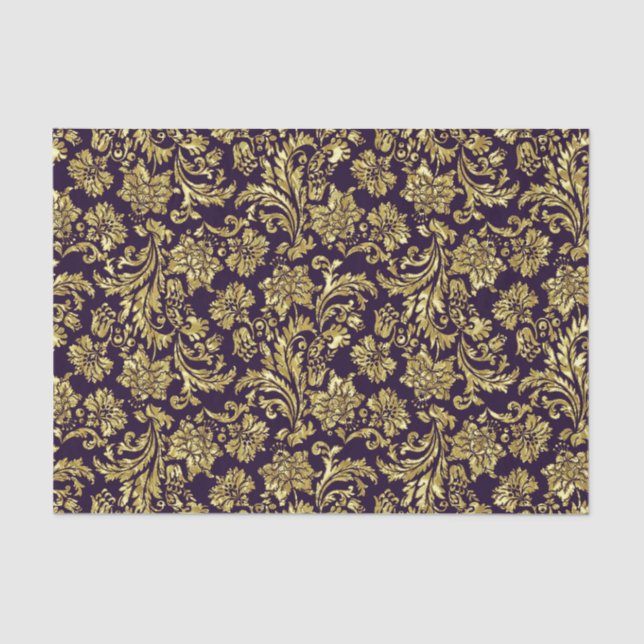 Purple And Faux Metallic Gold Floral Damasks Tissue Paper (Front)
