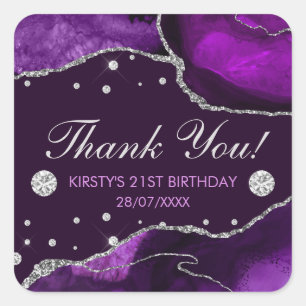 Purple and Faux Silver Glitter Agate Birthday Square Sticker