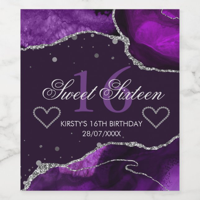 Purple and Faux Silver Glitter Agate Sweet 16 Wine Label (Single Label)