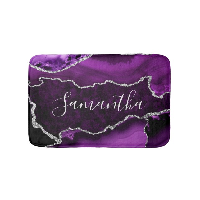 Purple and Faux Silver Glitter Marble Agate Bath Mat (Front)