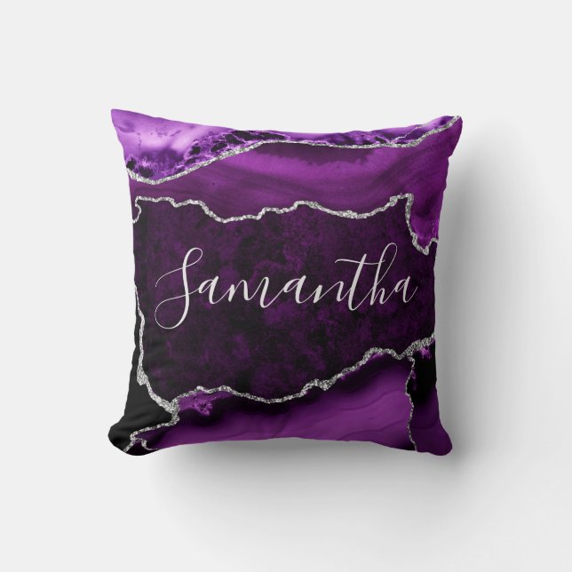 Purple and Faux Silver Glitter Marble Agate Cushion (Front)
