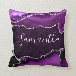 Purple and Faux Silver Glitter Marble Agate Cushion