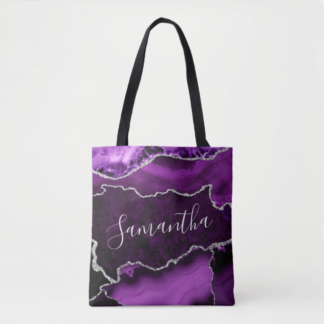 Purple and Faux Silver Glitter Marble Agate Tote Bag (Front)