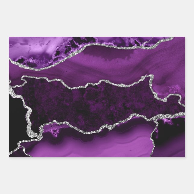 Purple and Faux Silver Glitter Marble Agate Wrapping Paper Sheet (Front)