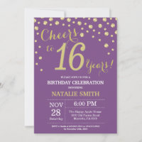 Purple and Gold 16th Birthday Diamond Invitation