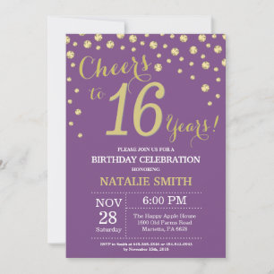 Purple and Gold 16th Birthday Diamond Invitation