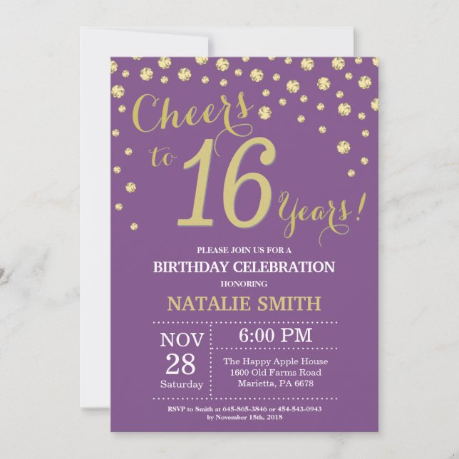 Purple and Gold 16th Birthday Diamond Invitation (Front)