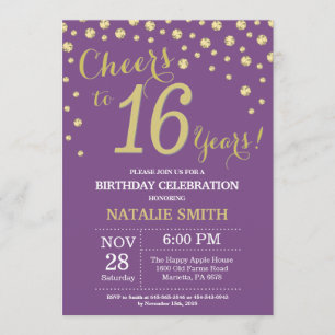 Purple and Gold 16th Birthday Diamond Invitation