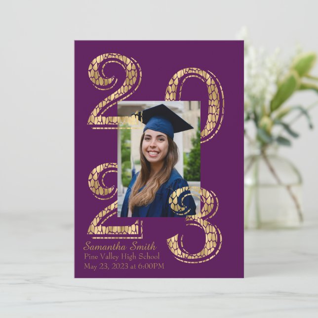 Purple and Gold 2023 Photo Graduation Invitation (Standing Front)