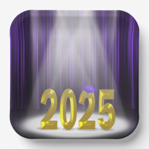 Purple and Gold 2025 Graduation in Spotlight Paper Plate