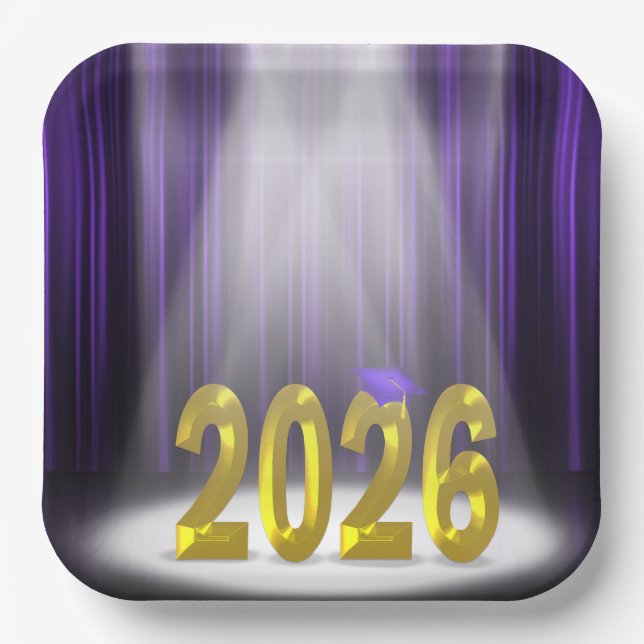 Purple and Gold 2025 Graduation in Spotlight Paper Plate (Front)