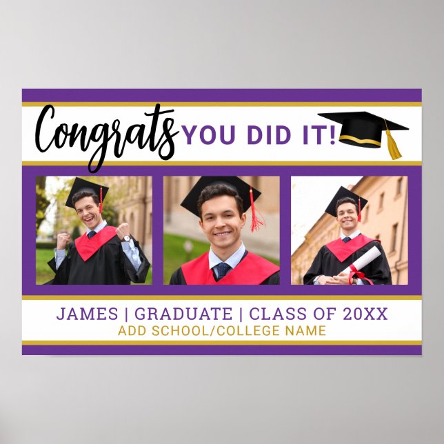 Purple And Gold 3 Photo Collage Congrats Grad 2025 Poster (Front)