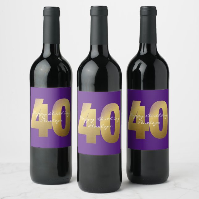 Purple and Gold 40th Birthday  Wine Label (Bottles)