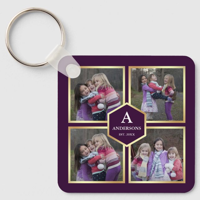 Purple and Gold 4 Pictures Family Photo Collage Key Ring (Front)