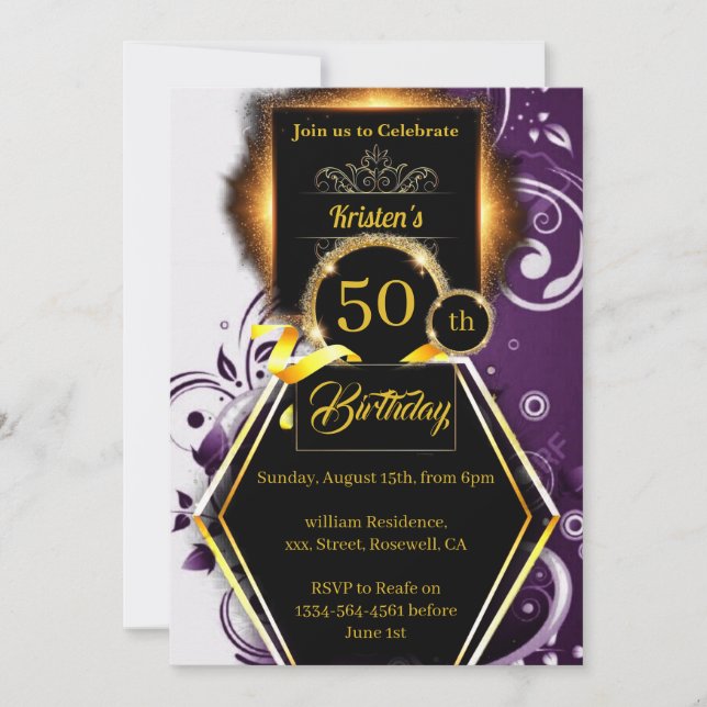 Purple and Gold 50th birthday Invitation (Front)