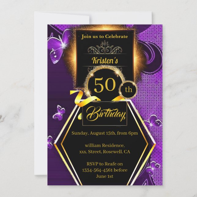 Purple and Gold 50th birthday Invitation (Front)
