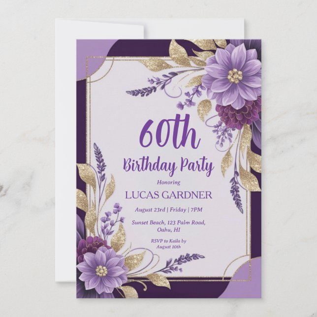 purple and gold 60th birthday invitations (Front)