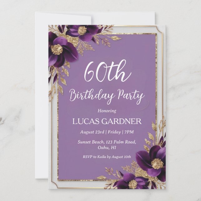 purple and gold 60th birthday invitations (Front)