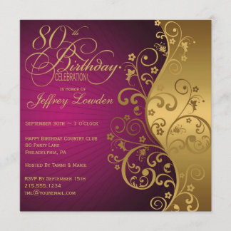 Purple and Gold 80th Birthday Party Invitation