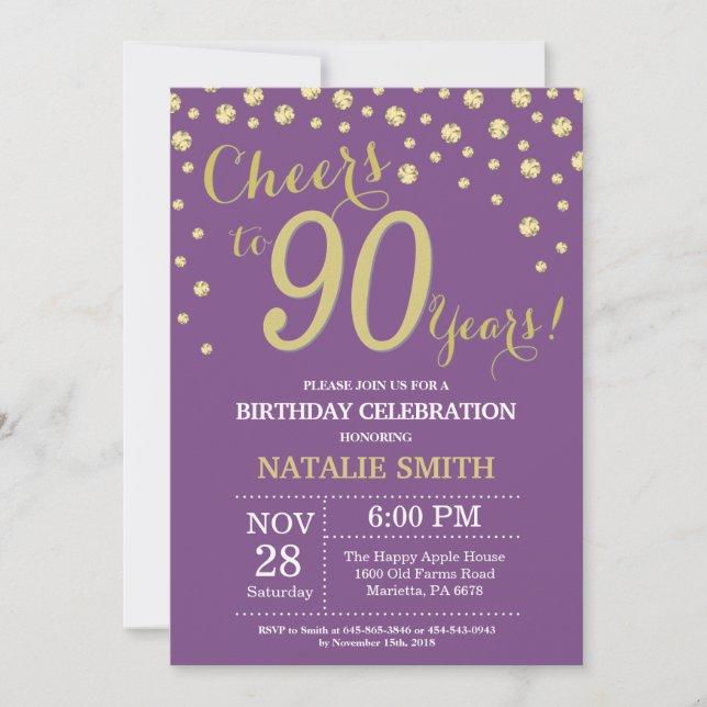 Purple and Gold 90th Birthday Diamond Invitation (Front)