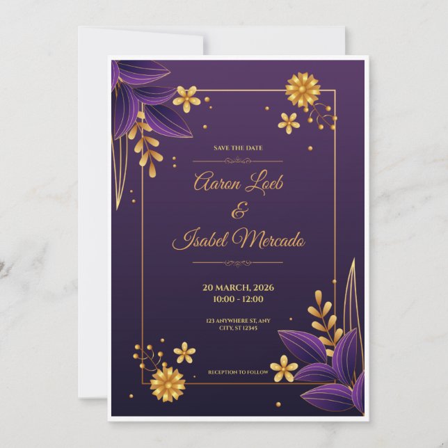 Purple and Gold Aesthetics Floral Save the Date Invitation (Front)