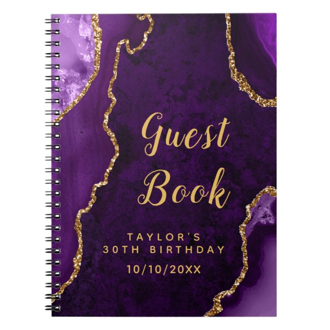 Purple and Gold Agate Birthday Guest Book (Front)