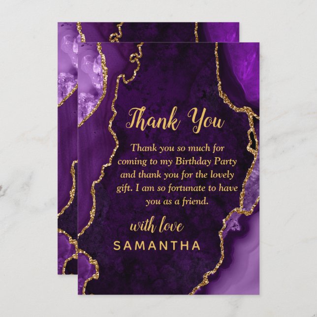Purple and Gold Agate Birthday Party Thank You Card (Front/Back)