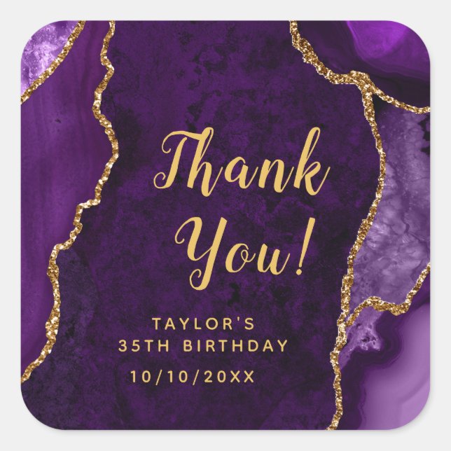 Purple and Gold Agate Birthday Thank You Square Sticker (Front)