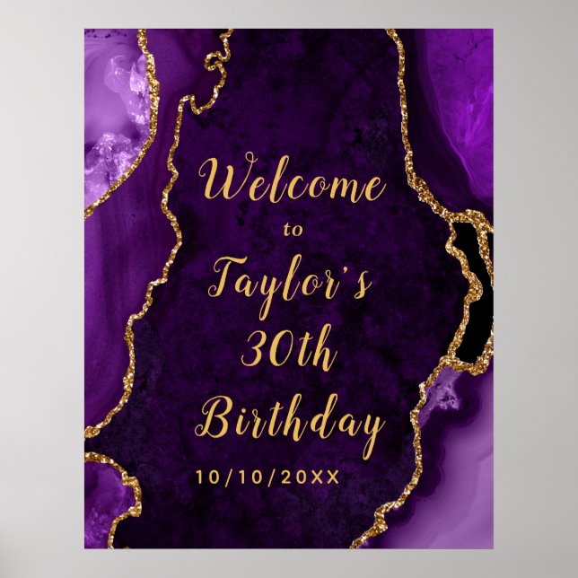 Purple and Gold Agate Birthday Welcome Poster (Front)