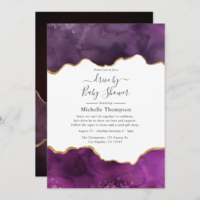 Purple and Gold Agate Drive By Shower Invitation (Front/Back)