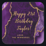 Purple and Gold Agate Happy Birthday Square Sticker<br><div class="desc">This elegant and glamourous sticker can be personalised with a name or title such as mum,  daughter,  granddaughter,  niece,  friend etc. The design features a purple agate marble background with faux gold glitter accents. The text combines handwritten script and modern sans serif fonts for a classy and sophisticated look.</div>