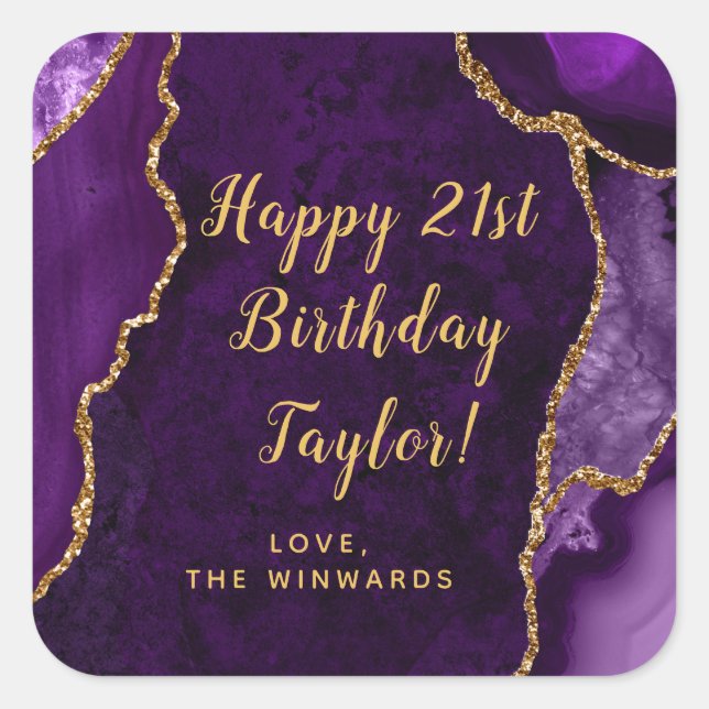 Purple and Gold Agate Happy Birthday Square Sticker (Front)