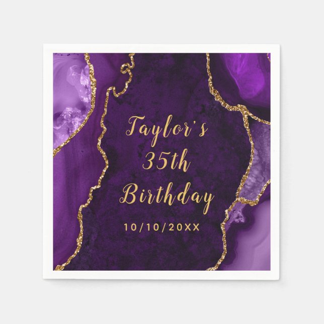 Purple and Gold Agate Marble Birthday Napkin (Front)
