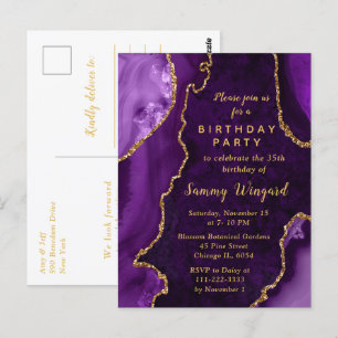 Purple and Gold Agate Marble Birthday Party Postcard