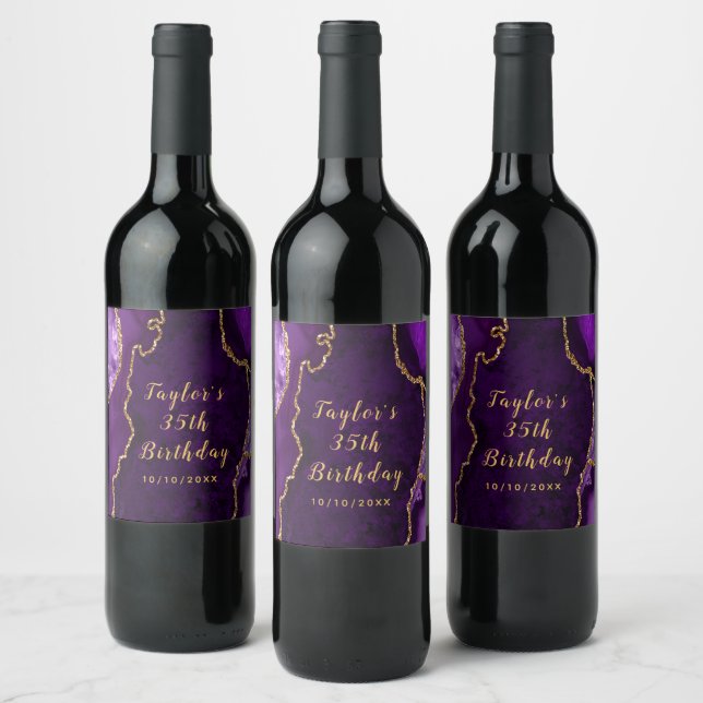 Purple and Gold Agate Marble Birthday Wine Label (Bottles)
