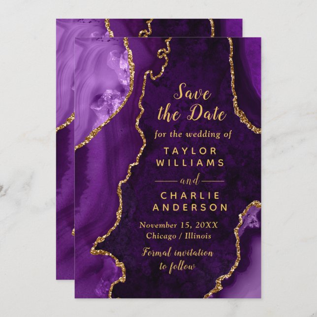 Purple and Gold Agate Marble Save The Date Invitation (Front/Back)