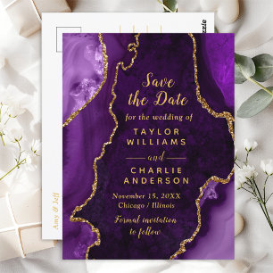 Purple and Gold Agate Marble Save The Date Postcard