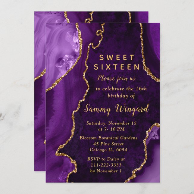 Purple and Gold Agate Marble Sweet Sixteen Invitation (Front/Back)