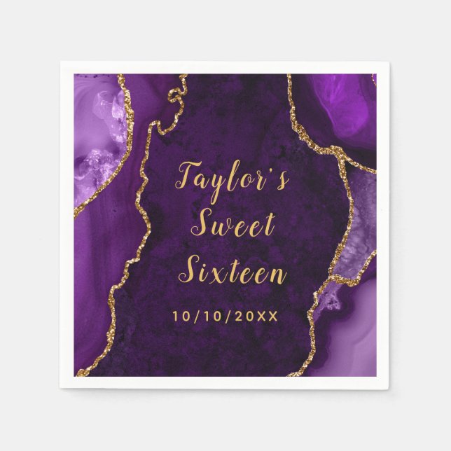 Purple and Gold Agate Marble Sweet Sixteen Napkin (Front)