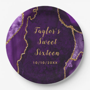Purple and Gold Agate Marble Sweet Sixteen Paper Plate