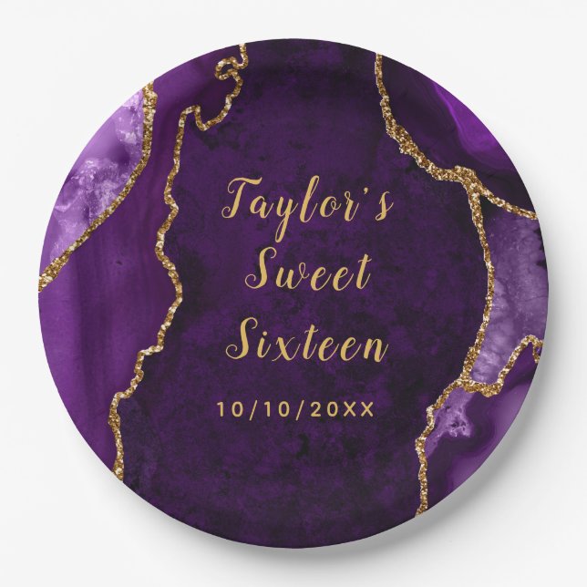 Purple and Gold Agate Marble Sweet Sixteen Paper Plate (Front)